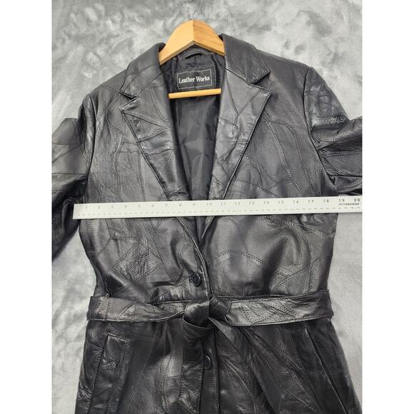 Vintage 90s Leather Works Patchwork Tie Waist Leather Jacket Size M Black Lined - Picture 10 of 11
